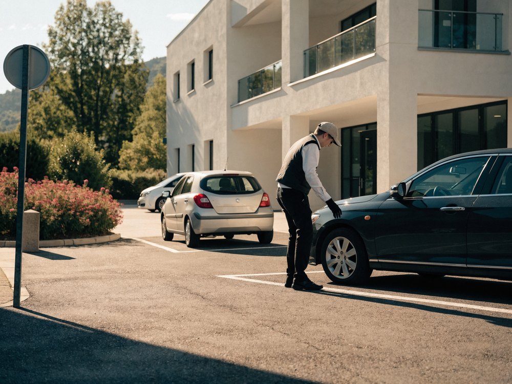 Übersicht eines bewirtschafteten Parkplatzes mit Schildern