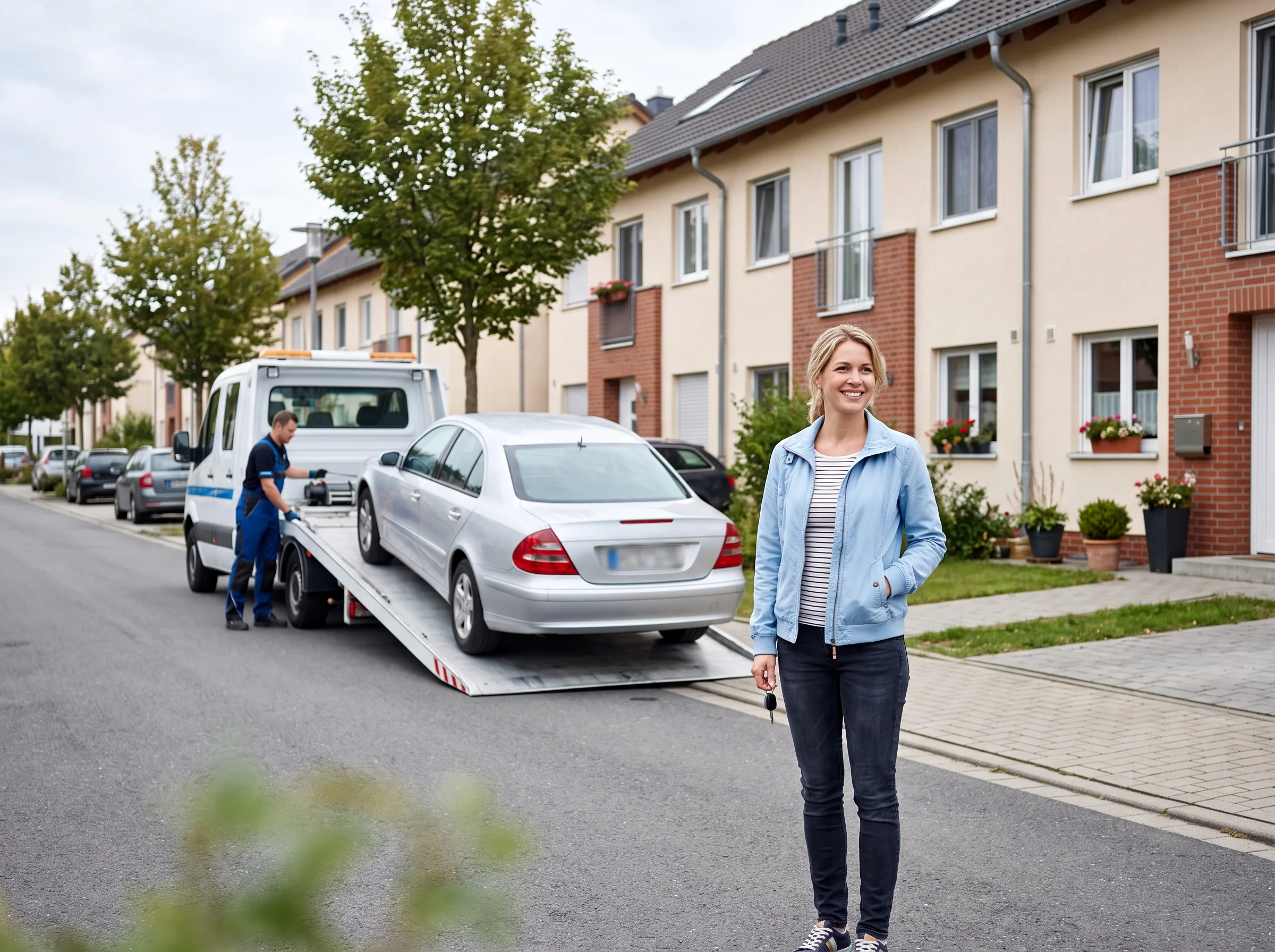 Erleichterte Hauseigentümerin vor ihrem Stellplatz, im Hintergrund lädt ein Abschleppwagen das fremde Fahrzeug auf.